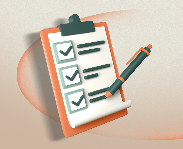 3D illustration of a clipboard with checkboxes and a pen